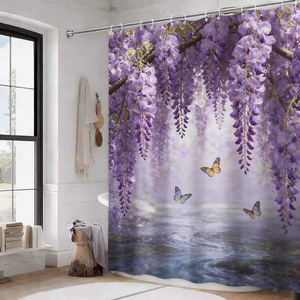 Red Bird at Sunset Lake Wetland Waterproof Shower Curtain for Tropical Bathroom Decor