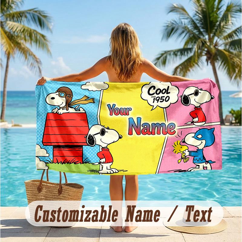 Custom Text Beach Towel, Soft Absorbent Swimming Multi-use TowelSnoopy Peanuts