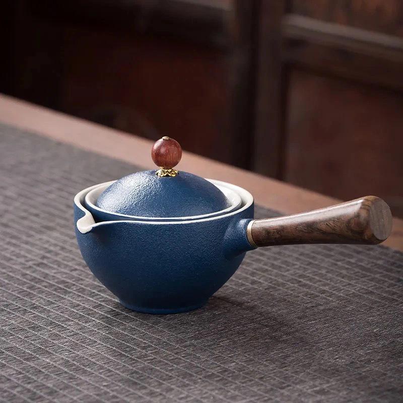 Compact Travel Tea Set with Automatic Rotating Teapot and Side Handle Kung Fu Cups