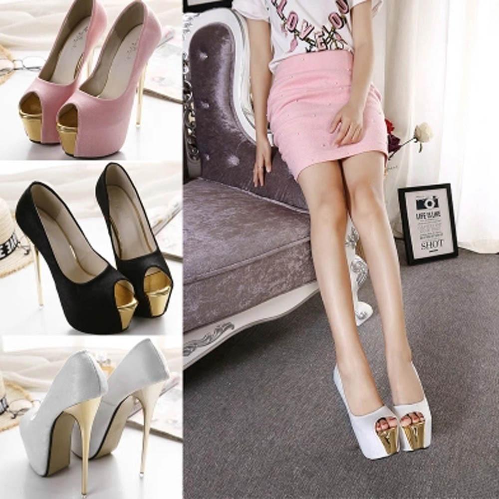 Große Größe 34-45 Super High Heels 16CM Hochzeitsschuhe Damen Schwarz Flock Mode Gold Plateau Peep Toe Damen Party Abschlussball Pumps 16cm