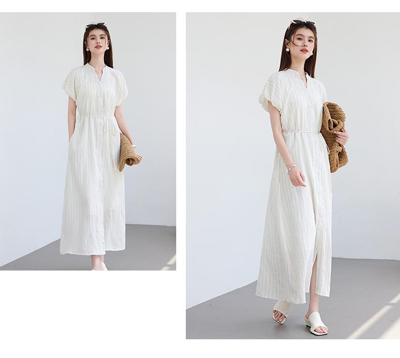 Summer 'Oxygen Girl' vertical striped dress with small V-neck strap, waist cinched, bubble sleeves, commuting date, slimming effect