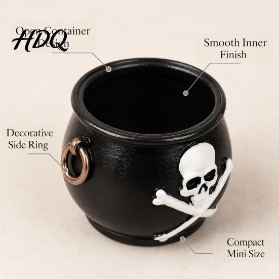 Vintage Metallhenkel Topf Hexenkessel Pflanzgefäß, Halloween Totenkopf Blumentopf, Gotischer Harz Mini Topfpflanzen Halter Schwarze Süßigkeitenschale für Kräuter,