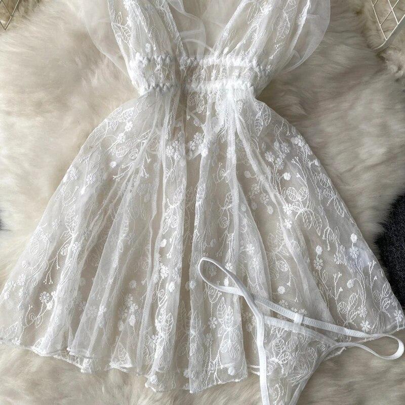 Ladies Sensual Camis Night Dress Fashion Mesh Embroidery Sexy Underwear Slim Pajamas 2023 Lingerie Sheer Nightwear