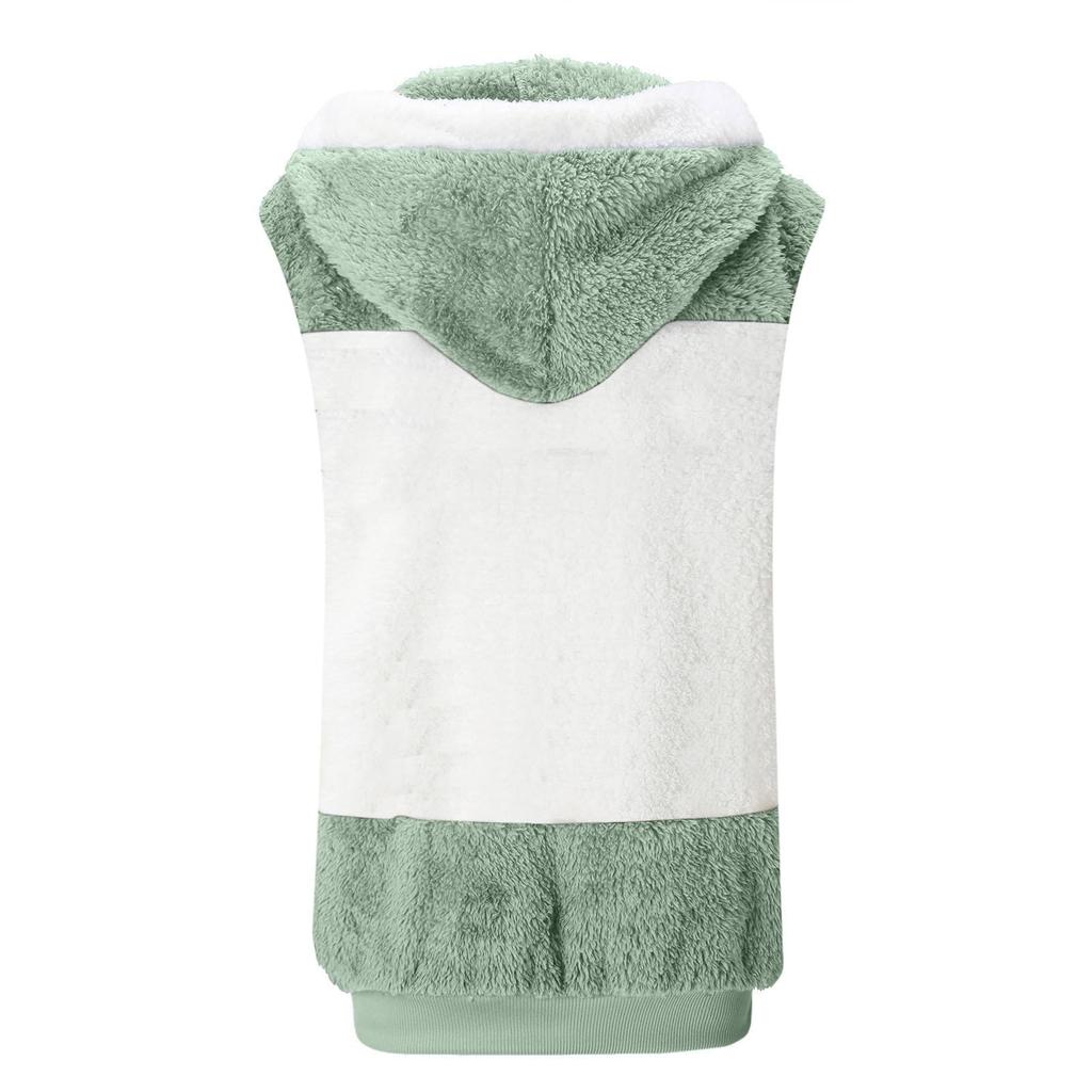 Women's Fashionable Plush Zipper Pocket Hooded Sleeveless Loose Warm Vest Jacket