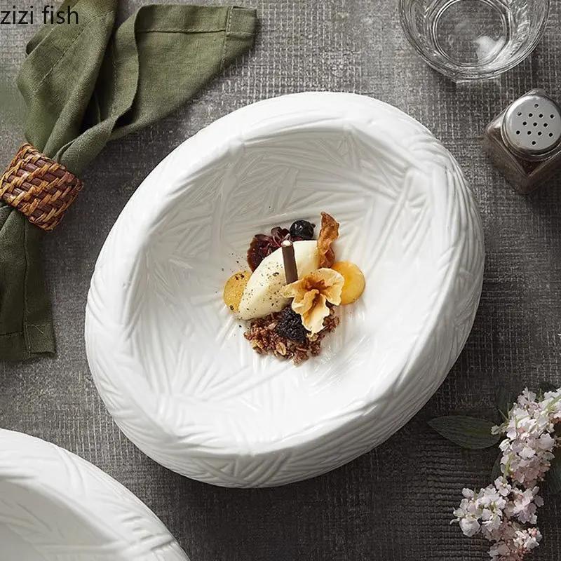 Ceramic Dinner Plate Restaurant Oval Relief Texture Thick Soup Plate Dessert Plate Pasta Plates Insulation Plates Home Tableware