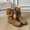 Vintage pleated new western rad mid-heel short boots women's beauty autumn thick heel fashion round head stacking boots