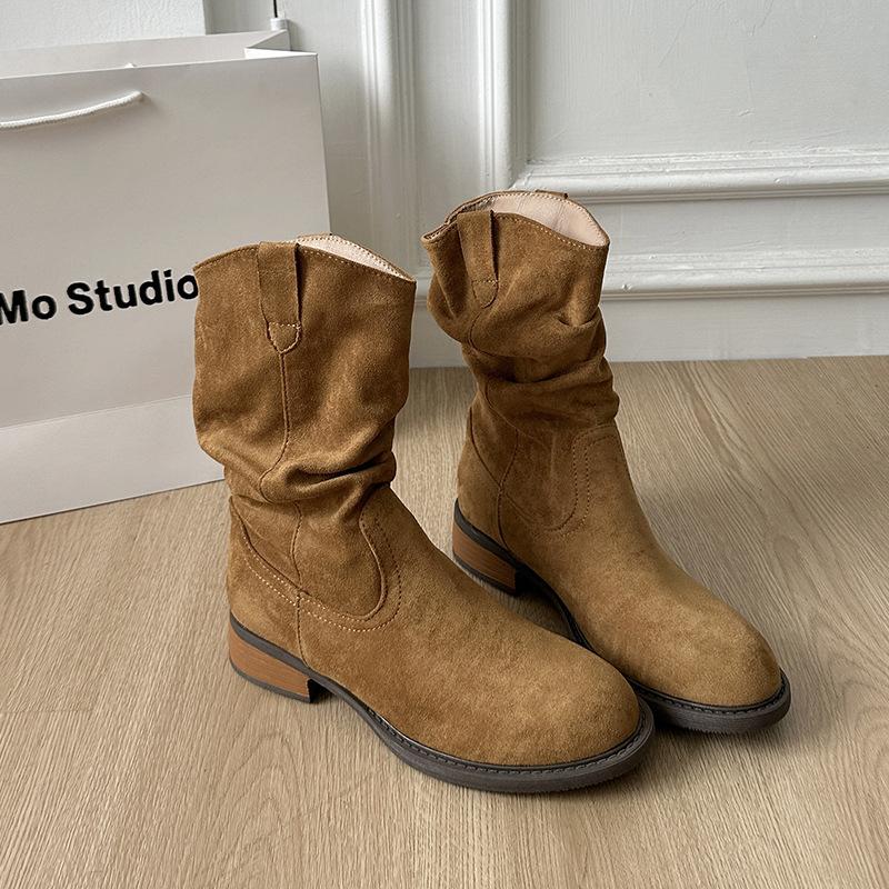 Vintage pleated new western rad mid-heel short boots women's beauty autumn thick heel fashion round head stacking boots
