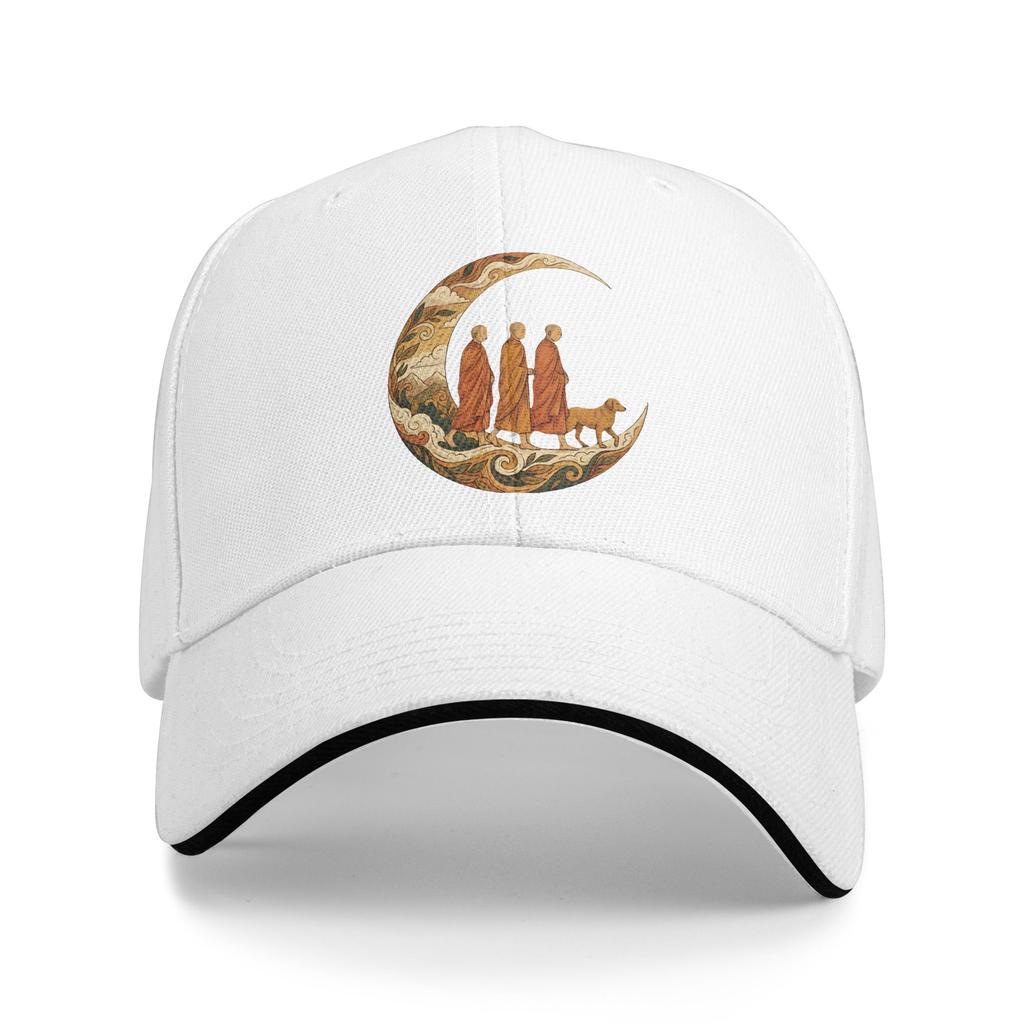 Walking for Peace Monks and Dog in a Crescent Moon Sun Baseball Cap Summer Couple Trucker Hat Sun Vintage Hunting Snapback Cap
