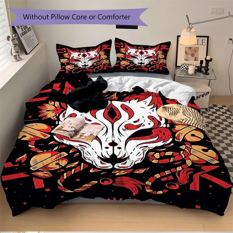 3pcs Anime Fox Mask Comforter Set with One Quilt Cover and Two Pillowcases (No Core) - Home Decor, Festival Gift, Polyester Fabric, Anime Cartoon Desi