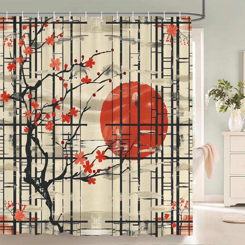 Japanese Style Flowers Bird Shower Curtain Abstract Mountain Red Floral Plant Ink Art Landscape Fabric Decor Bathroom Curtains