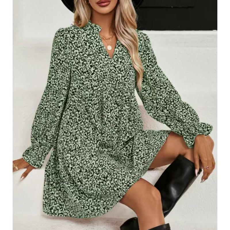 JKASHDK Women's Fashion Spring Fall Long Sleeve V-Neck Loose Waistline Casual Dresses