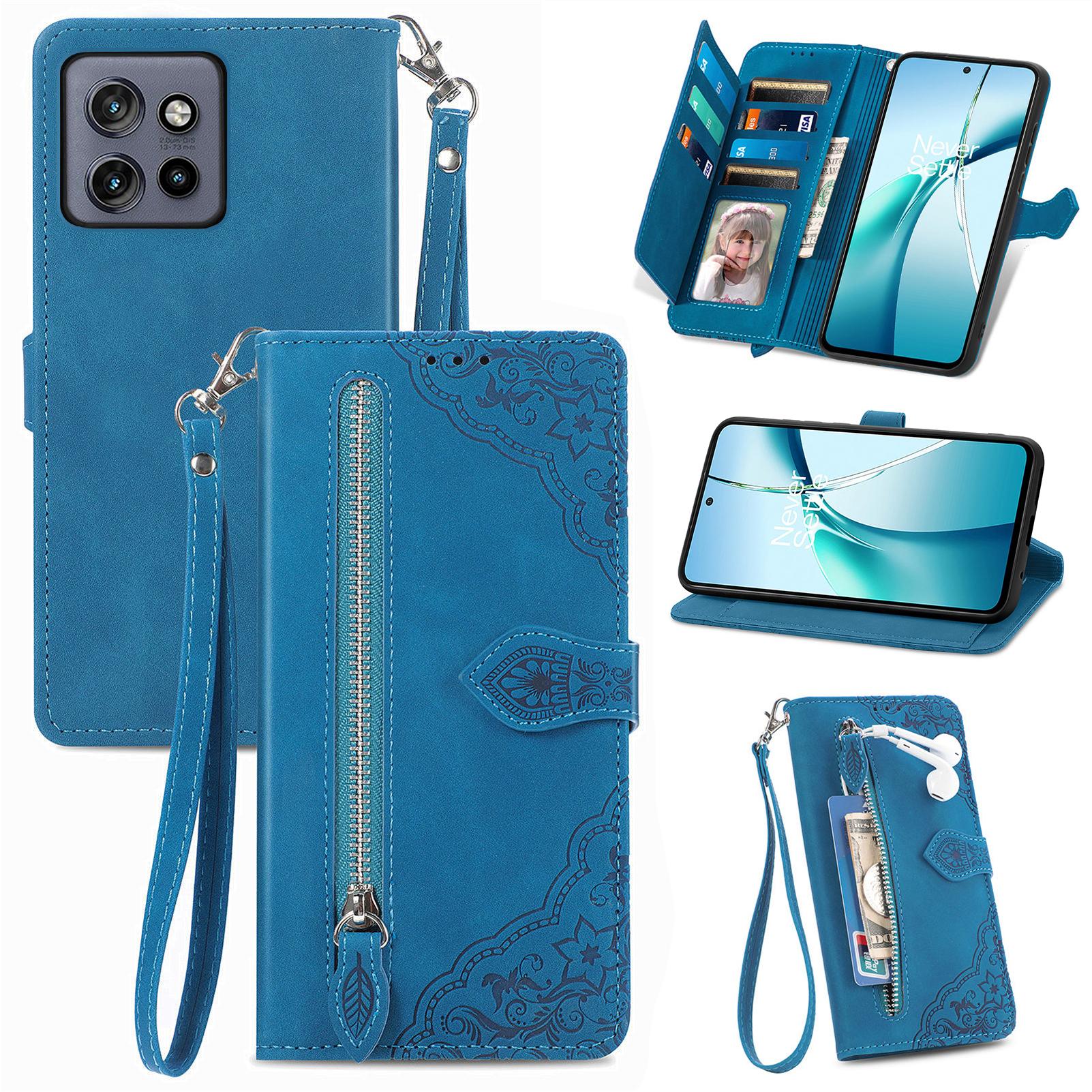 

Case For Motorola Edge 50 Neo 5G/Moto S50 5G/Thinkphone 25 5G Zipper Wallet PU Leather Flower Imprint Phone Cover Blue