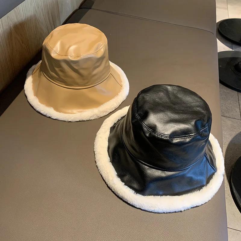 Fashion Autumn Winter Pu Leather Bucket Hats For Women Adjustable Foldable Lamb Wool Outdoor Warm Panama Female Fisherman Caps