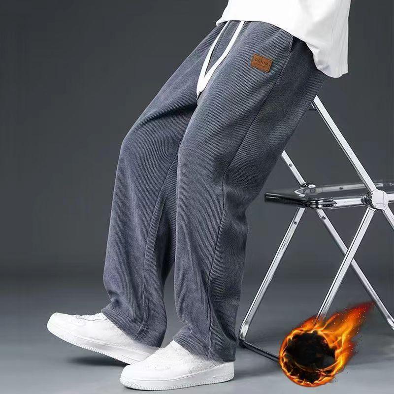 Winter Thick Warm Corduroy Sweatpants Men Fleece Liner Drawstring Straight Loose Track Pants Male Casual Fleece Thermal Trousers