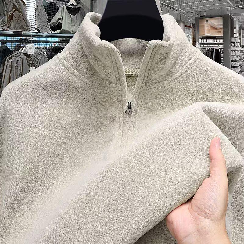 Autumn/Winter Men's Stand Collar Half-Zip Fleece Hoodie - European Size Double-Sided Warm Base Layer
