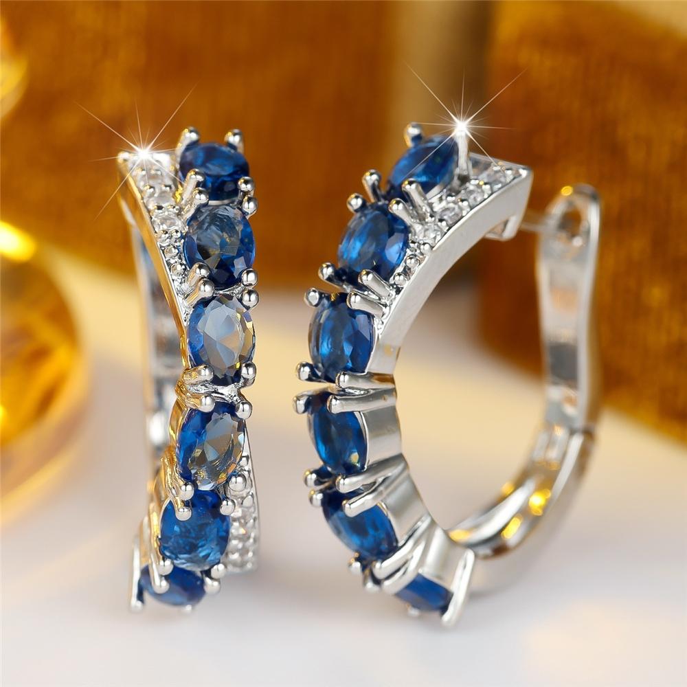 Elegant Female Big Oval Blue Zircon Stone Hoop Earrings Trendy Fashion Silver Color Wedding Jewelry For Women