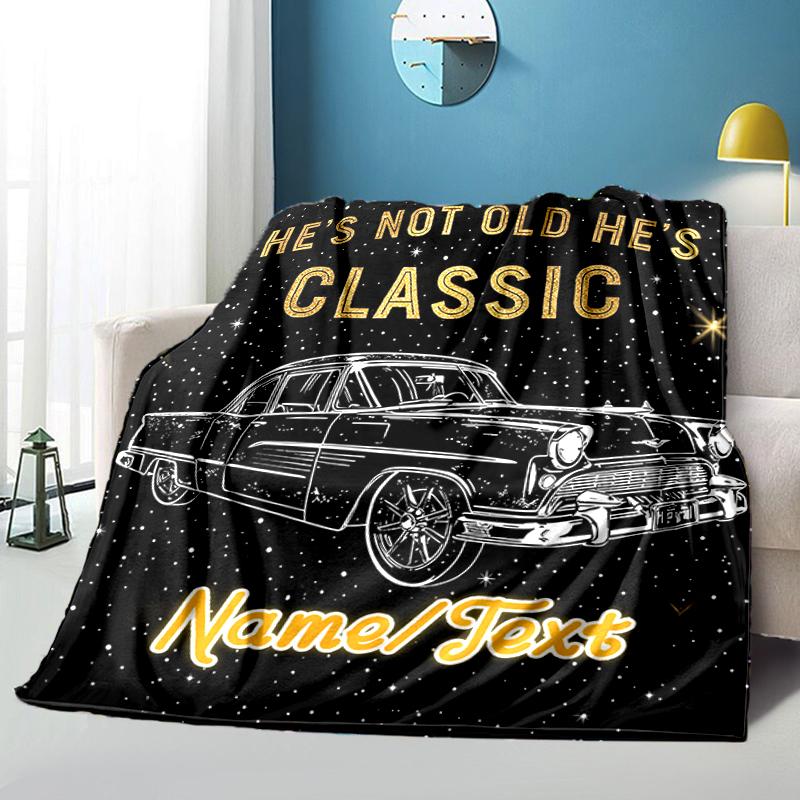 1PC Custom Name Classic Car Starry Night flannel blanket versatile,all-season throw suitable for the living room,bedroom,camping,travel,and gift