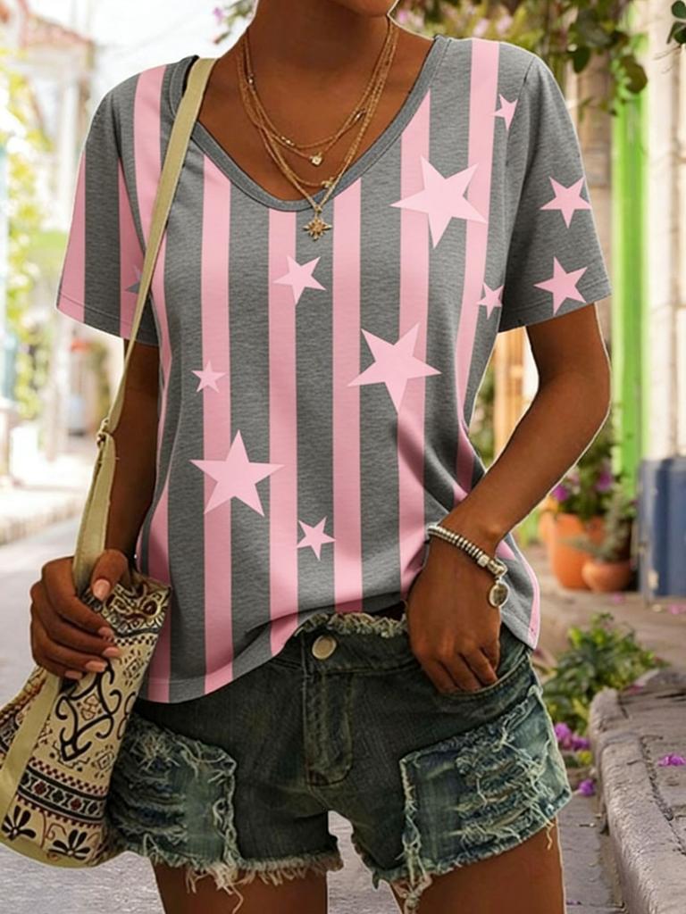 Summer Star Stripe 3D Print T-Shirts Women's Casual Short Sleeve V-Neck T Shirt Top Y2k Harajuku Tees Female Streetwear Clothing