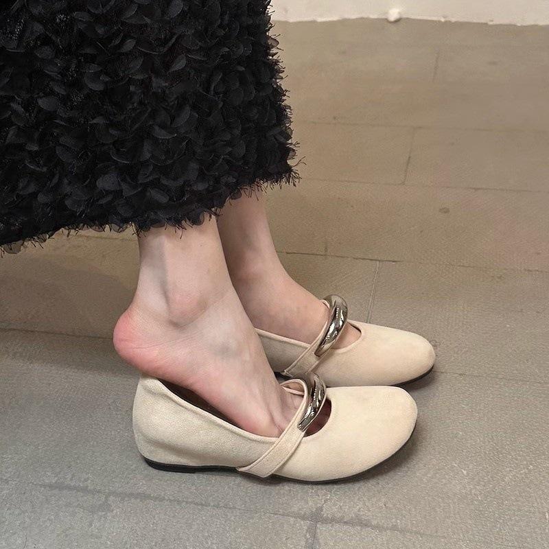 Inner height increase Mary Jane shoes niche design metal round head flat shoes single shoes