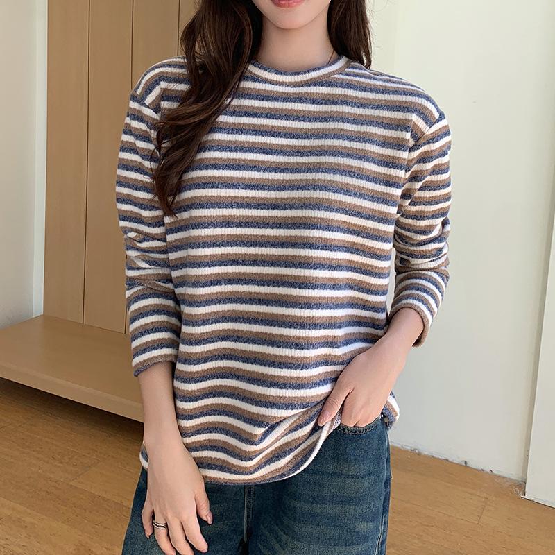 

5-Stripe crew neck bottoming shirt women s autumn and winter with warm sweater knitted sweater loose shirt top One size fits 80-70 kg хаки