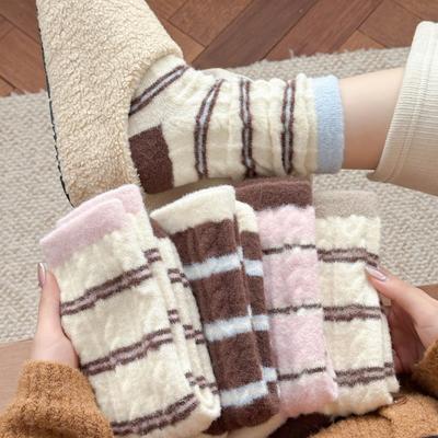 Winter Thick Socks, Women's Striped Color-blocking Warm Fleece Thickened Plush Striped Mid-calf Socks, Home Pile Sleep Socks