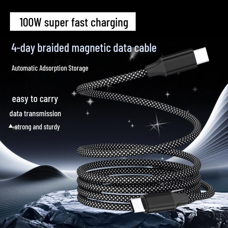 Dual-Color Braided Magnetic Cable for Apple & Huawei Type-C, 100W Charging, Aluminum Alloy