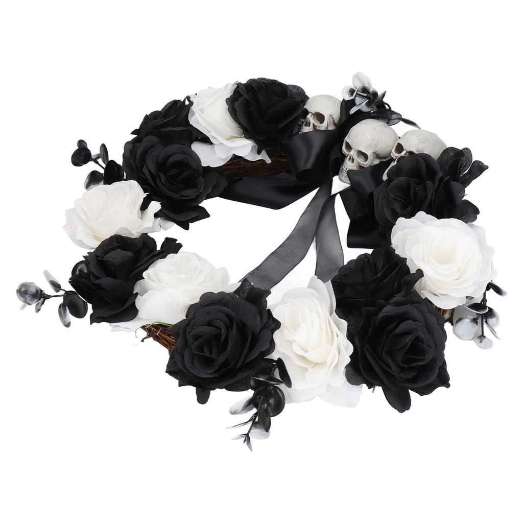 Halloween Kranz Totholz Plastikschädel Schwarz Weiße Blumen Deko Accessoire für Party Spukhaus