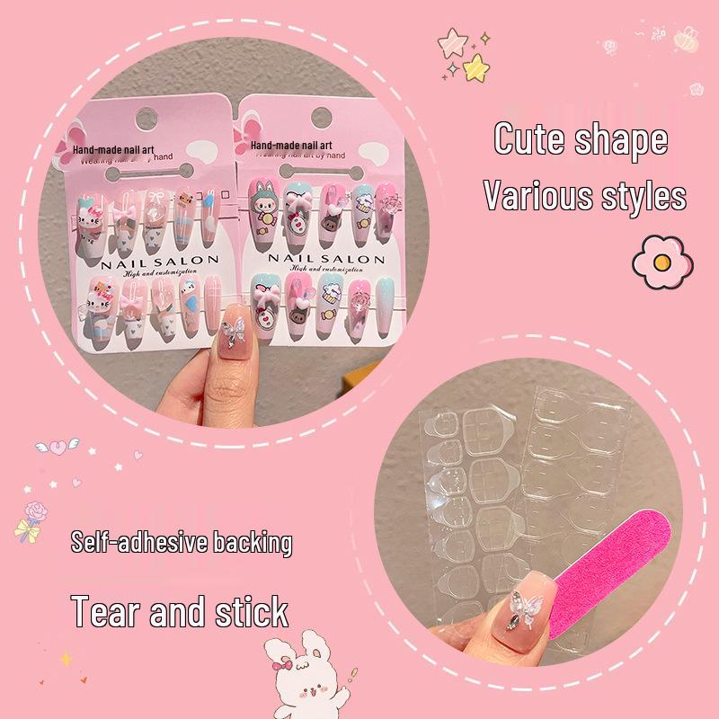 Children's Long-Style Wearable Nail Stickers with Jelly Glue - Cute, Fresh, and Removable Nail Art for Girls