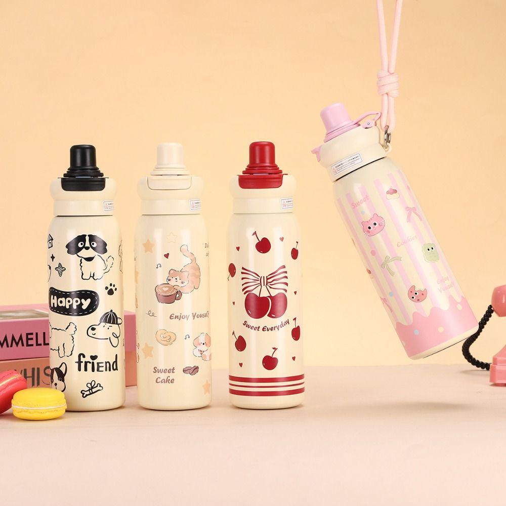 Cute 620ML Vacuum Cup Insulation Or Cooling with Straw Insulated Cup High-Capacity Thermal Water Bottle for Student Children
