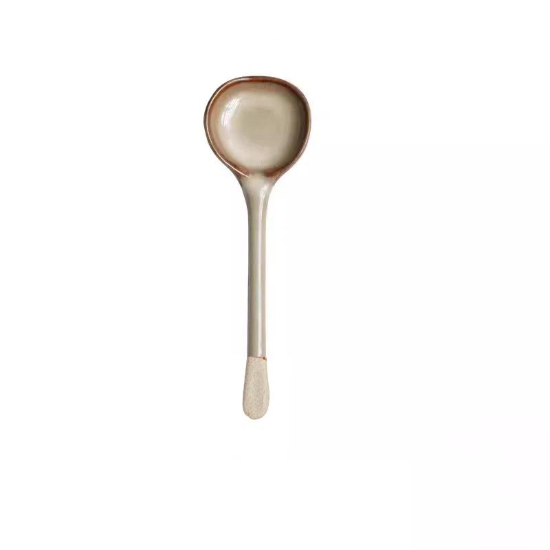 Japanese Ceramic Soup Spoon Stoneware Spoon Long Handle Household Creative Rice Coffee Cup Spoon Ladle Kitchen Tableware