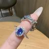 French Retro Pigeon Egg Light Luxury Blue Imitation Topaz Open Ring Adjustable Zircon Advanced Sense Ring Female