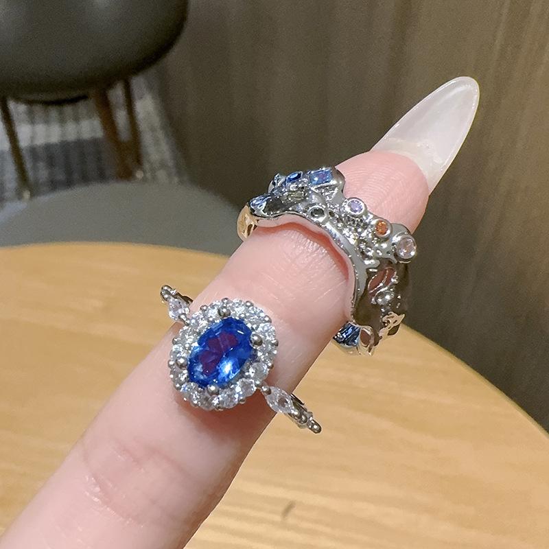 French Retro Pigeon Egg Light Luxury Blue Imitation Topaz Open Ring Adjustable Zircon Advanced Sense Ring Female