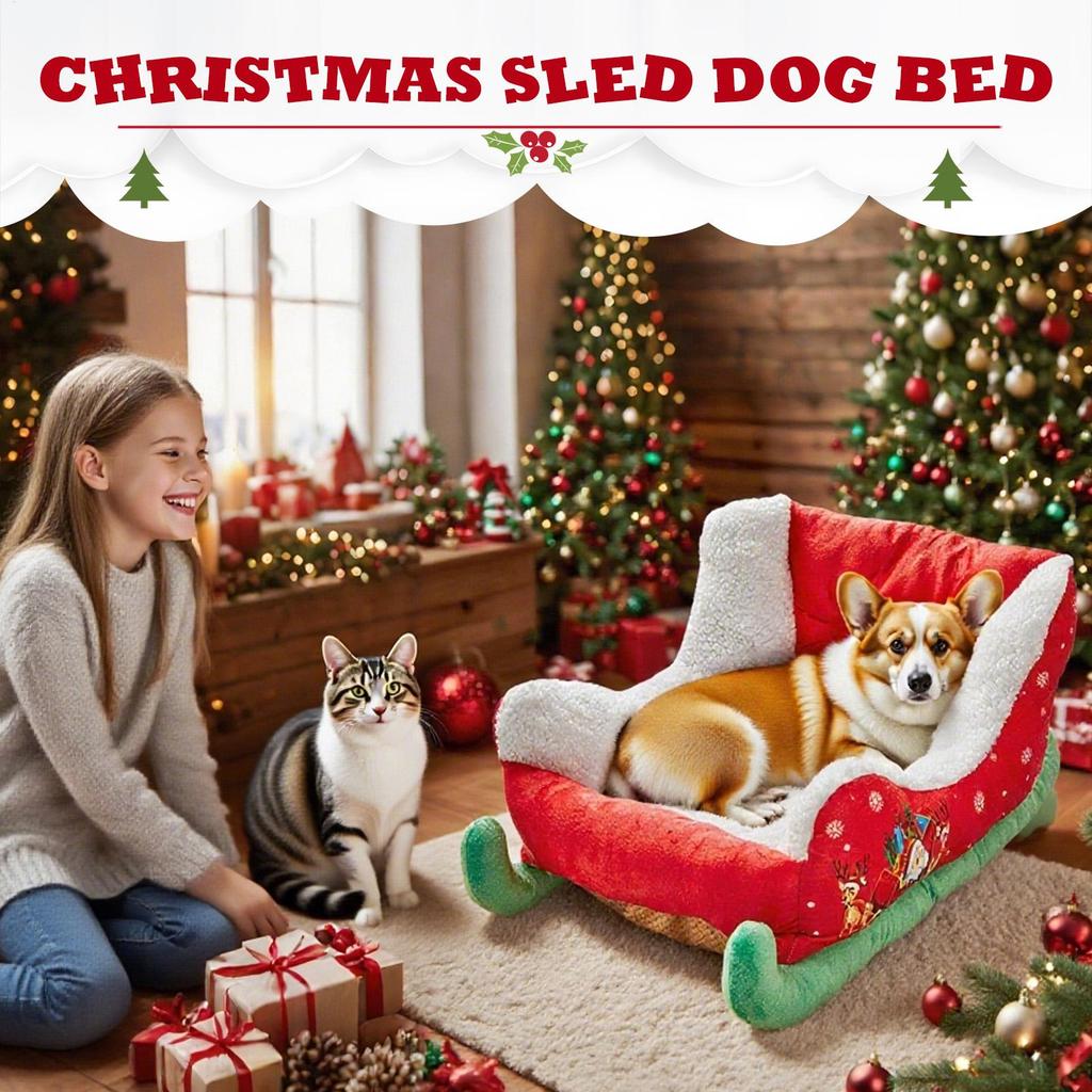 Christmas Sleigh Dog Bed Cat Bed Festive Plush Cozy Nest Insulated for Cat Christmas Holiday Kitten Calming Puppy Sleeping