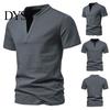 Summer T-shirt Stand Collar Deep V-Neck Short Sleeve Men Solid Color Slim Fit Tee Top Streetwear