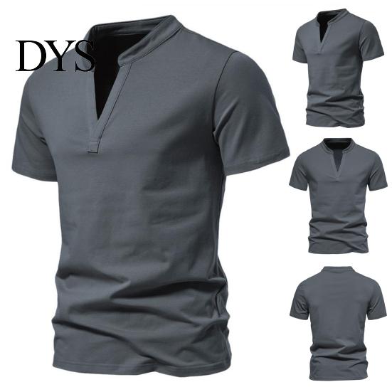 Summer T-shirt Stand Collar Deep V-Neck Short Sleeve Men Solid Color Slim Fit Tee Top Streetwear
