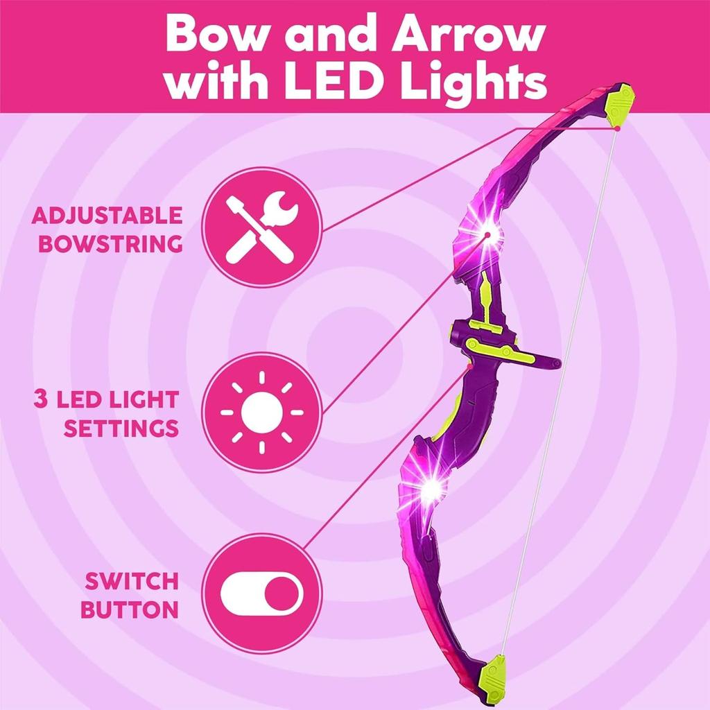 Kids Shooting Set Bow and Arrow Set with Flashing Pink LED Lights Arrow Rack Target and Quiver Hunting Chain for Boys Girls