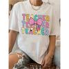 European Size Casual Short Sleeve Crew Neck T-Shirt | Teacher-Themed Graphic Print with Playful Bow Design, Vibrant Colors,Comfortable Fit