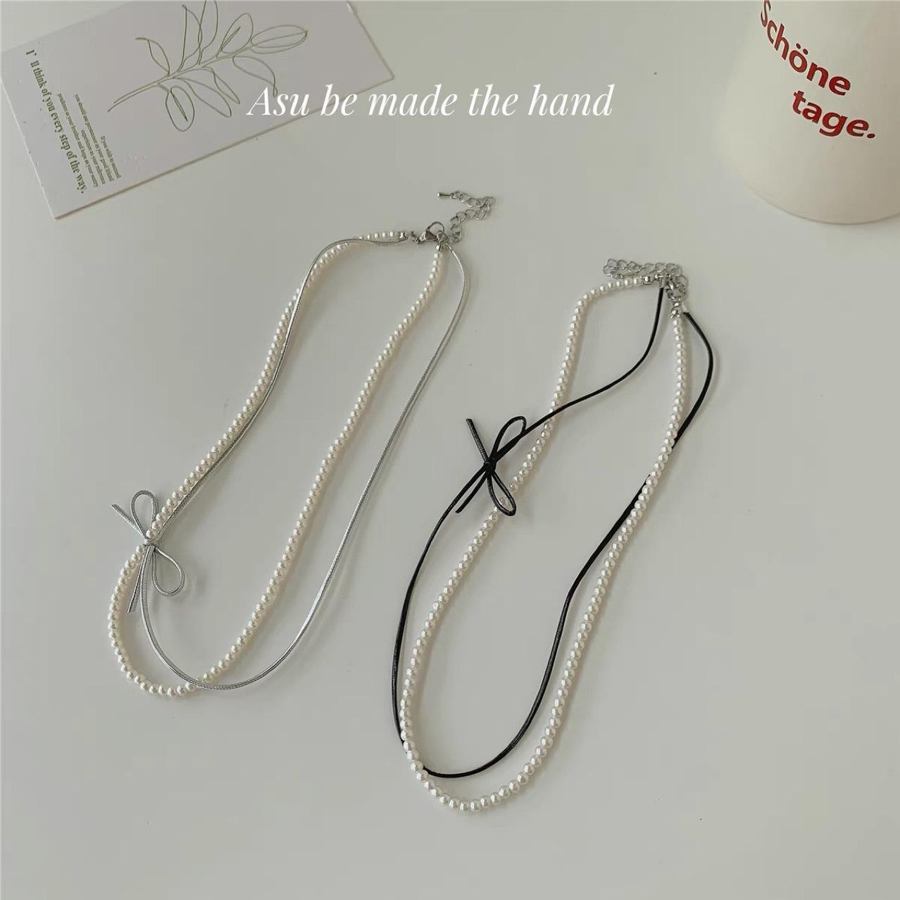 Изысканное двухслойное жемчужное колье-бант в стиле легкой роскоши, женская модная милая нишевая дизайнерская цепочка-колье из кожаного шнурка, новинка