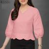 ZANZEA Dame Casual V-hals Ensfarget Løs 3/4 Ermet Bluse