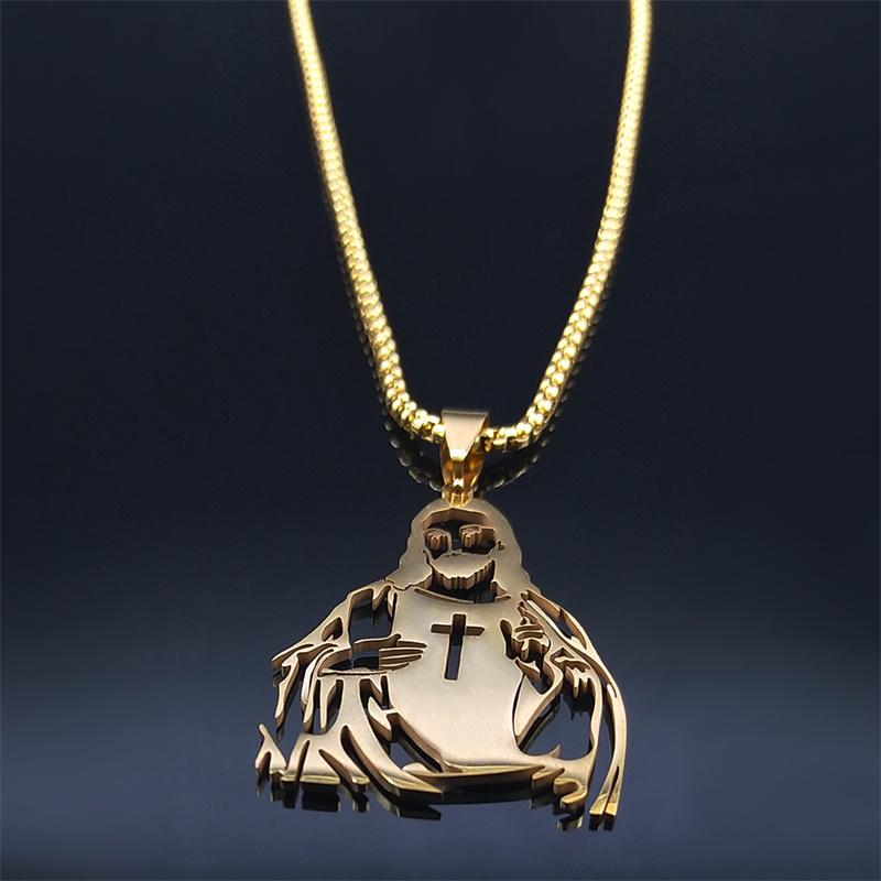 Stainless Steel Catholic Jesus Cross Pendant Necklace for Women Men Gold Color Holy Christian Chain Jewelry collar N7022S02
