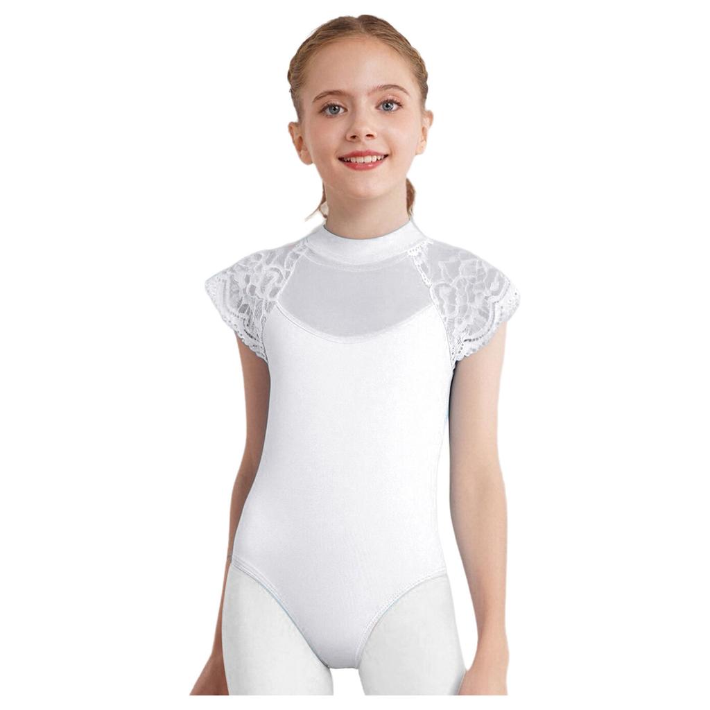 Girls Lace Cap Sleeves Dance Leotard Sheer Mesh Patchwork Cutout Bodysuit for Ballet Practice Exam