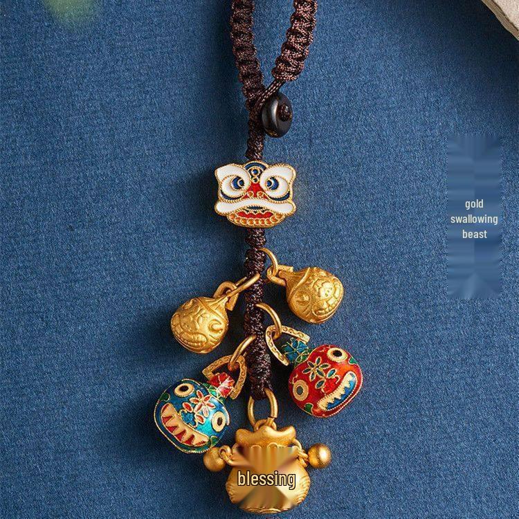 Gold Sand Ancient Method Keychain Pendant - God of Wealth Trio & Family of Four Car Hanging Charm