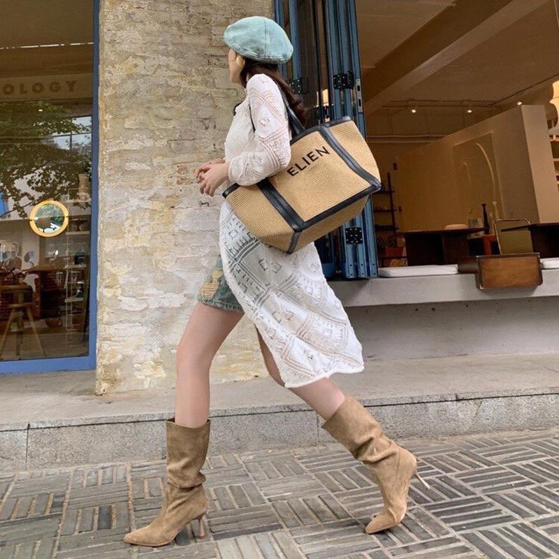 Autumn Pleated Women Mordern Boots Fashion Thin High Heel Mid Calf Booties botas de inverno feminina