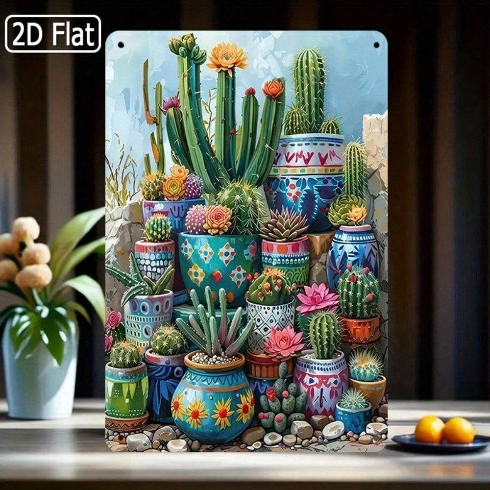 1PC Colorful Cactus Tin Sign, 2D Flat Succulent Metal Plaque, Desert Nature Wall Art, Farmhouse Garden Decor