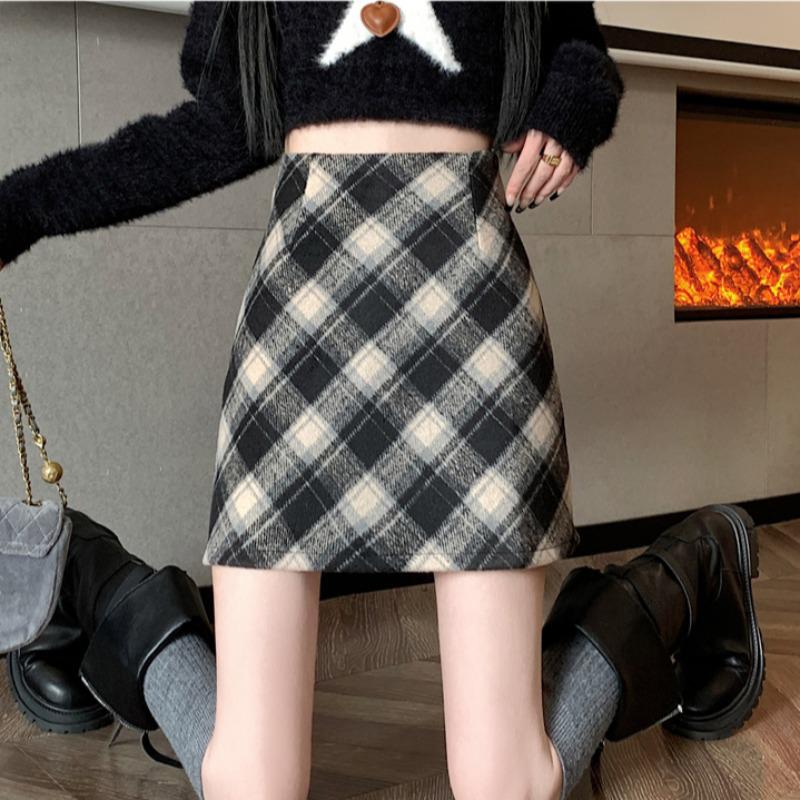 

Autumn/Winter 2024 Wool Blend High-Waist A-Line Plaid Midi Skirt for Women 4XL чёрный