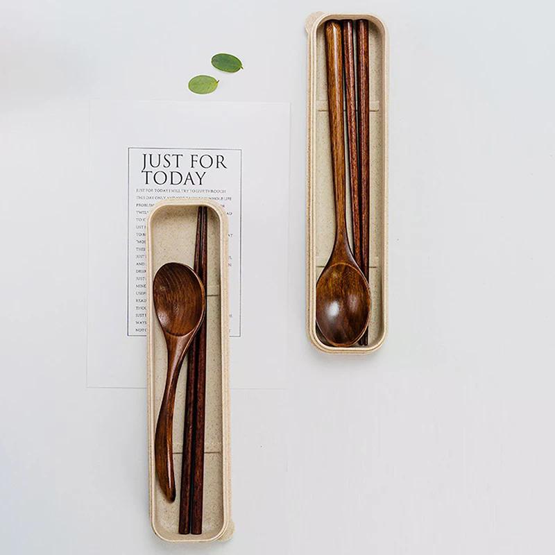 1Pcs Natural Wooden Spoon With Box Handmade Wooden Fork Chopsticks Dinner Kit Kitchen Accessories