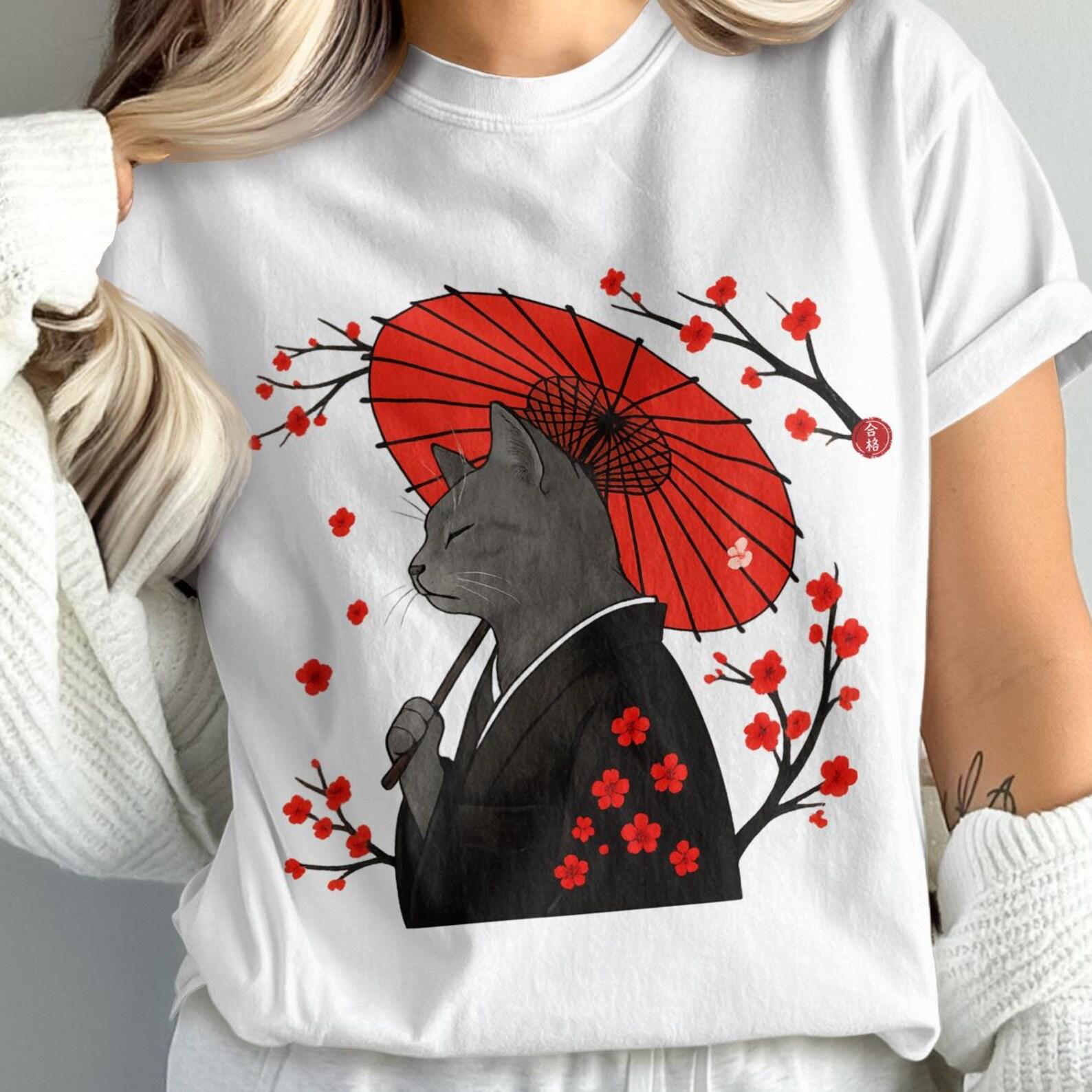 Cat in Kimono T-Shirt, Japanese Art, Cat Art T-Shirt, Cherry Blossom Tee | Geisha Cat Tee S