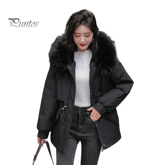 

Жіноча пухова куртка з потовщеним плюшем на підкладці зі шнурком на поясі Зимова тепла пухова куртка з капюшоном зі штучного хутра для робочого вуличного одягу L чорний