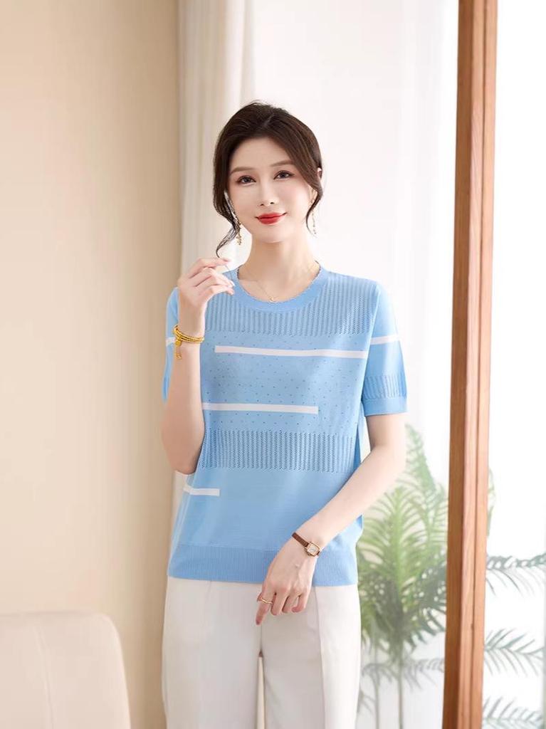 Women's Ice Silk Short Sleeve Knit T-shirt - Summer 2026, Stylish, Loose Slimming Fit, Lightweight & Fashionable for Moms