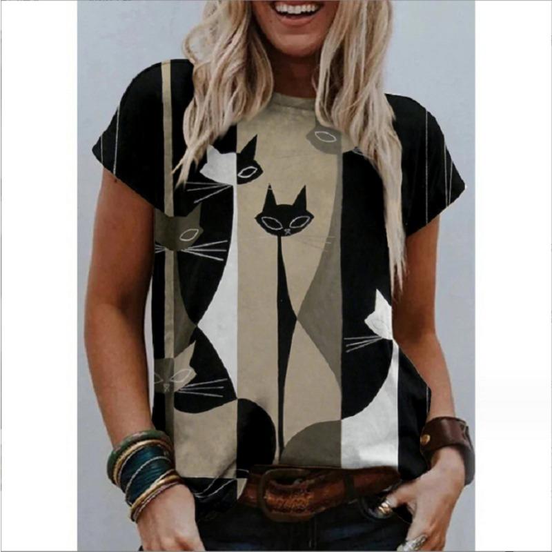 Summer 3D Digital Printing Cat Painting Casual Women's T-shirt Cat Pattern Printing Round Neck Shirt